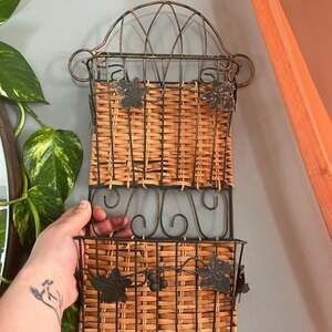 Vintage Wall Mount Wicker and Metal Grape Leaf Design Letter/Bill Organizer